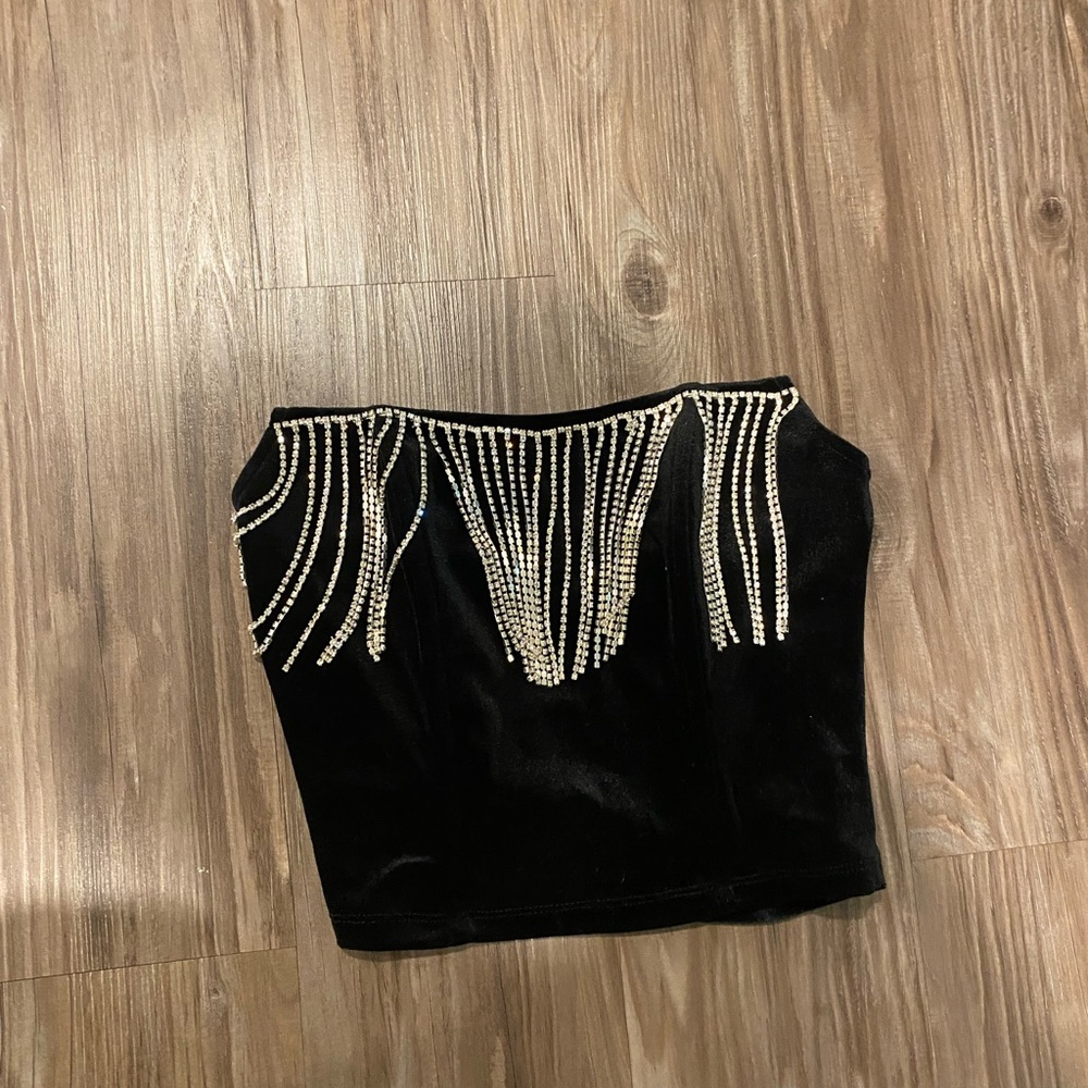 Velvet strapless top with rhinestone fringe